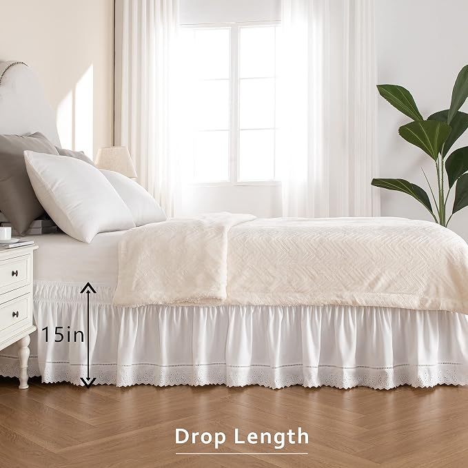 MIYE Wrap Around Ruffled Lace Bed Skirt, Elastic Dust Ruffle with Adjustable Belts, Easy to Put On, Bed Frame Cover, Machine Washable (Embroidered/White, Full/Twin-15 Drop)