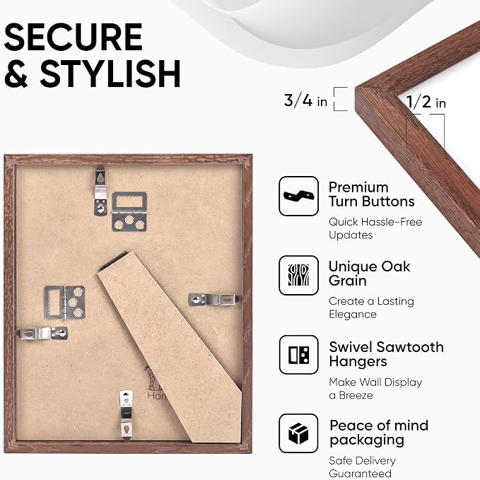 Homeforia 10x8 Picture Frame Brown, High End Dark Oak 10 x 8 Walnut Wooden Frames with Mat 5 by 7 Photo, 10x8 Wood Frame Matted to 5x7 Print, Wall or Tabletop Frame, Tempered Glass, Wall Kit, Set of 1