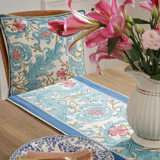 Patdrea Designer Vintage French Linen Table Runner,12"X118"-from | Tablerunner 118 Inches Long,Elegant Blue Floral Pattern,Thanksgiving Dining Table Decor for Living Room Banquet
