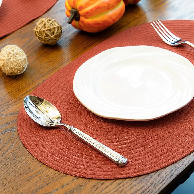 Placemats Set of 4, Woven Oval Braided Dining Table Mats(Rust Orange) | 12 x 17.5 Inch Size Fits Plates and Flatware; Hand Washable and Heat Resistant for Kitchen Use, with Farmhouse and Boho Style
