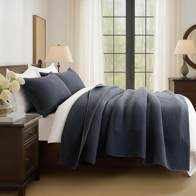 EVERGRACEHOME Cotton Ribbed Matelassé Coverlet Set, Queen, Midnight Blue | Soft Lightweight Bedspread, 3 Pieces, Breathable Cozy Oversized Quilted Bedding Set for All Seasons, with 2 Pillow Shams