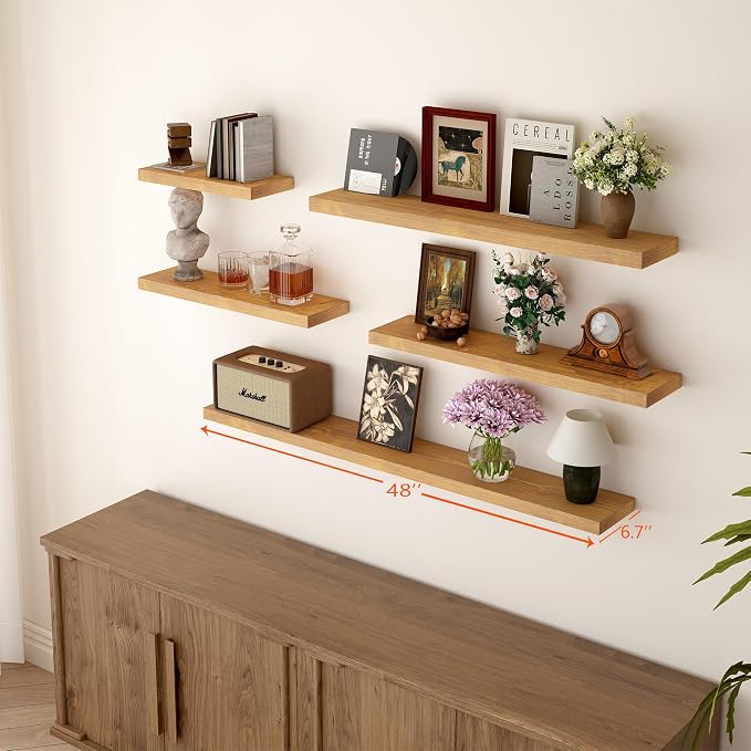 BGMG Floating Shelves 48 Inch Long, Wide Rustic Wooden Wall Shelves for Bathroom Living Room Bedroom Kitchen Farmhouse Set of 2-48x6.7x1.25 Inch - Gold Oak