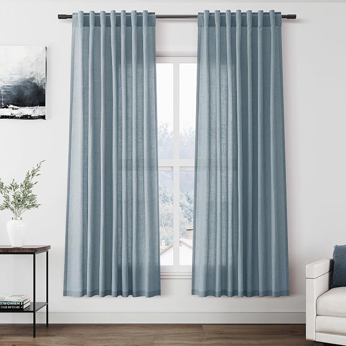 Light Blue Linen Curtains 72 Inch Length for Living Room Semi Sheer Light Filtering Door Drapes 2 Panels Set for Kids Bedroom Light Filtering Back Tab Rod Pocket Modern Farmhouse Decor 52x72