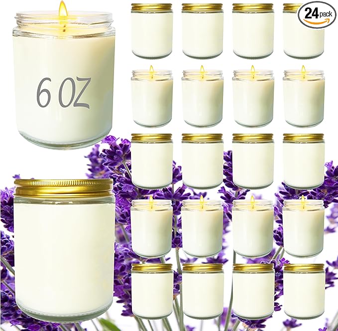 24 Pcs 6 Oz Lavender Scented Soy Candles Set,Mason jar Bulk Candles for Gifts,Aromatherapy Candle,Great Stress Relieving Scented Candle for Girls as a Gift for Birthdays, Weddings and More!