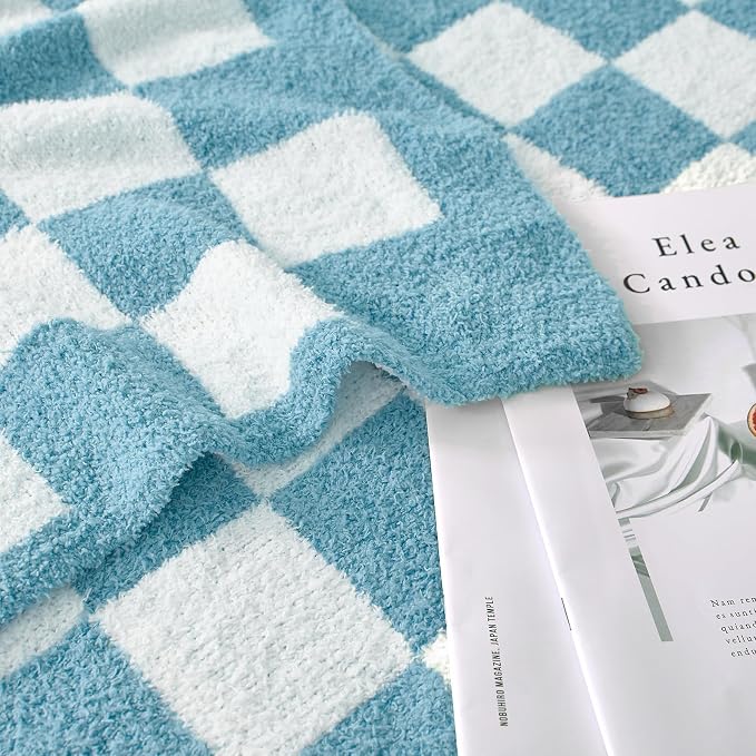 Checkered Throw Blanket for Couch, Soft Cozy Warm Knitted Blankets | Lightweight Fuzzy Travel Warm Decor for Women, Mom, Girls, Sofa, Chair, 50x70in, Light Blue