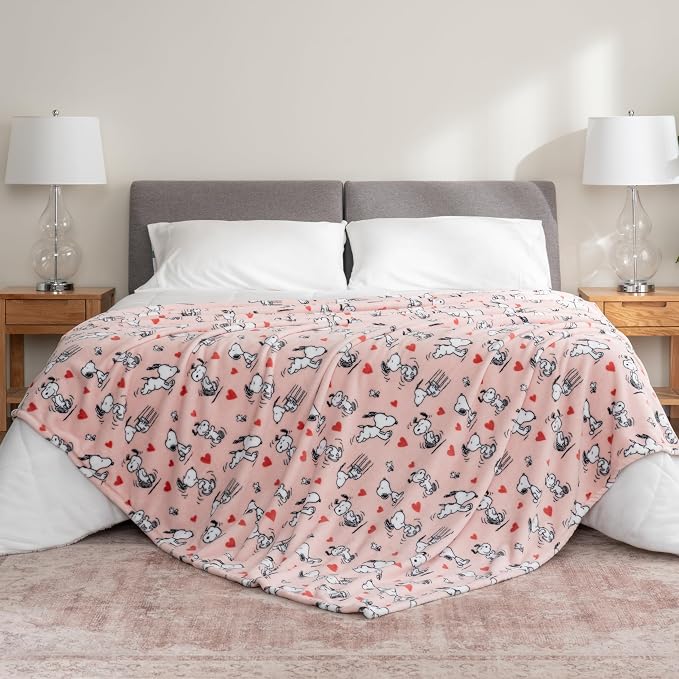 Berkshire Blanket Peanuts® VelvetLoft® Cute Character Snoopy Plush Blanket,Poses and Hearts Blush,Full/Queen 90 in x 90 in (Official Peanuts® Product)