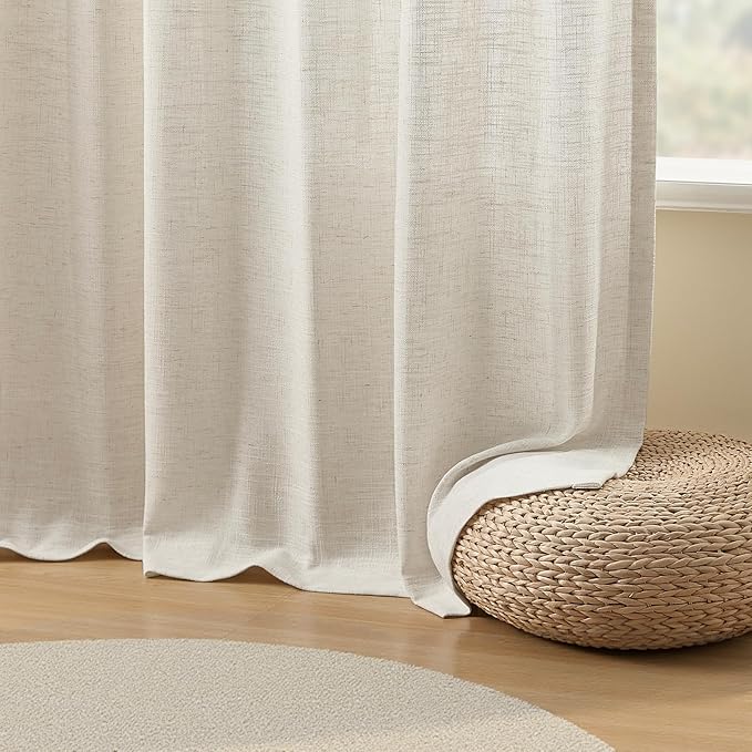 Pinch Pleated Linen Curtains 90 Inch Semi Sheer Drapes Light Filtering | Pleat Curtain for Living Room, Memory Trained Textured Linen Blend Curtains, with Hooks Rings, Beige Natural, W40, 2 Panels