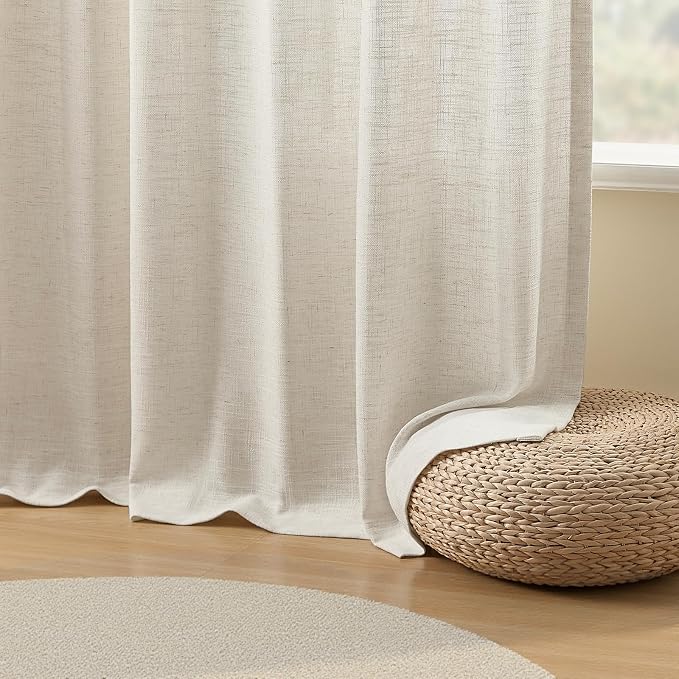 Extra Wide Pinch Pleated Curtains Linen Sheer Drapes Light Filtering | Living Room, Burlap Textured Semi Sheer, Pinch Pleat, Linen Blend, Hook Rings, Sliding Glass Door, Natural, 1 Panel, W70xL90