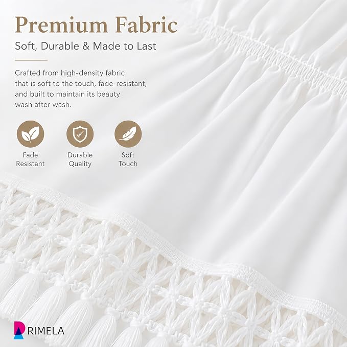 Tassel Trim Bed Skirt Queen 15" Drop, Elastic Wrap Around Bedskirt | Solid Ruffled, Easy to Use, No Mattress Lifting, Wrinkle & Fade Resistant, with Adhesive Strips, Machine Wash/Dry/Iron