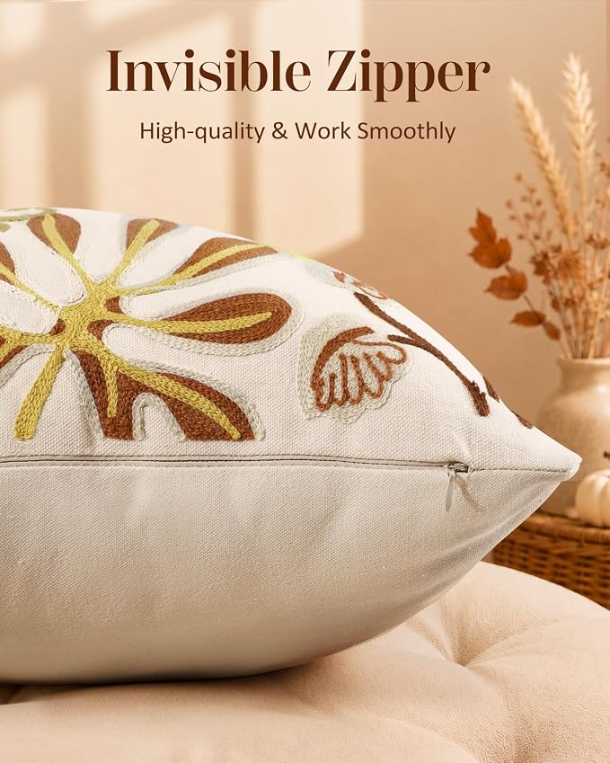 Fall Embroidered Throw Pillow Cover 18x18 Inch, Abstract Floral | Decorative Pillow Cover, Abstract Floral Cushion Case with Hidden Zipper, Autumn Decor for Couch, Sofa, Living Room, 1 Pack
