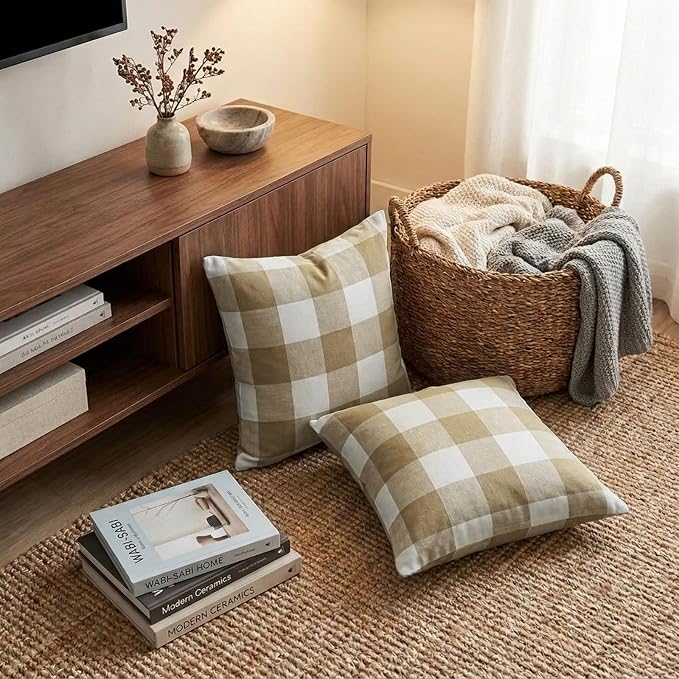 CARRIE HOME Brown Buffalo Check Plaid Couch Pillow Covers 18x18 Set of 2, Neutral Modern Farmhouse Dark Brown Khaki Tan Throw Pillows 18 x 18 for Living Room Sofa (No Pillow Inserts)