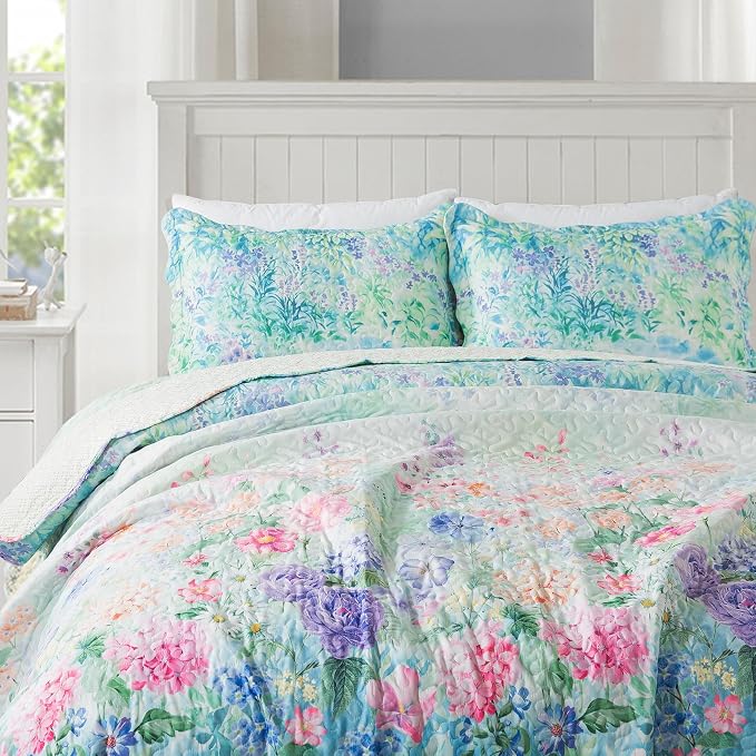 Travan Floral Quilt Set, Ultra Soft & Fade Resistant Bedding Set with 1 Quilt, 2 Shams Purple for All Season, Dream Garden - Queen