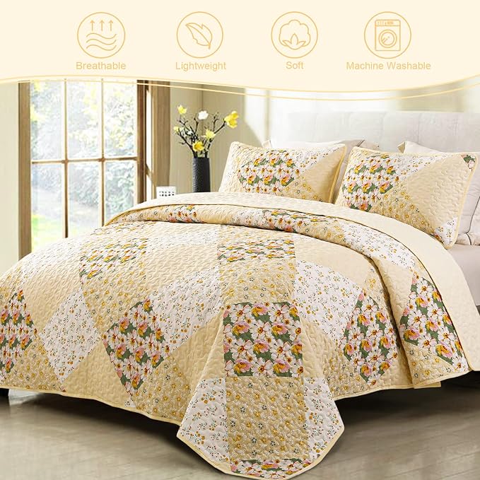 Exclusivo Mezcla Reversible Boho Quilt King Size Yellow | Lightweight Soft Bedspreads, All Season Patchwork Coverlet Bedding Set, Printed Floral Pattern, 1 Quilt and 2 Pillow Shams