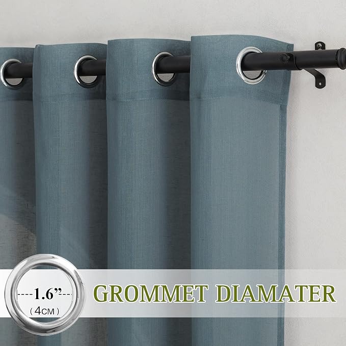 NICETOWN Linen Sheer Curtains for Bedroom, Grommet Semi Sheer Window Drapes Privacy with Light Filtering Casual & Rustic for Bedroom/Farmhouse, Smoke Blue, 2 Panels, W52 x L63