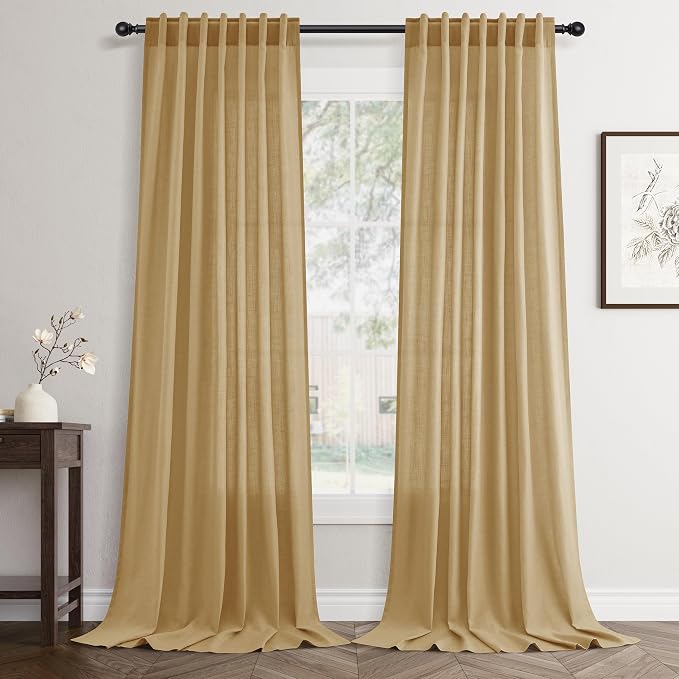 Jowels Gold Yellow Linen Curtains 84 Inch Long 2 Panels for Living Room | Light Filtering Semi Sheer Curtain, Back Tab Pocket Pleated Look, Boho Farmhouse Textured Privacy Drapes for Bedroom Window