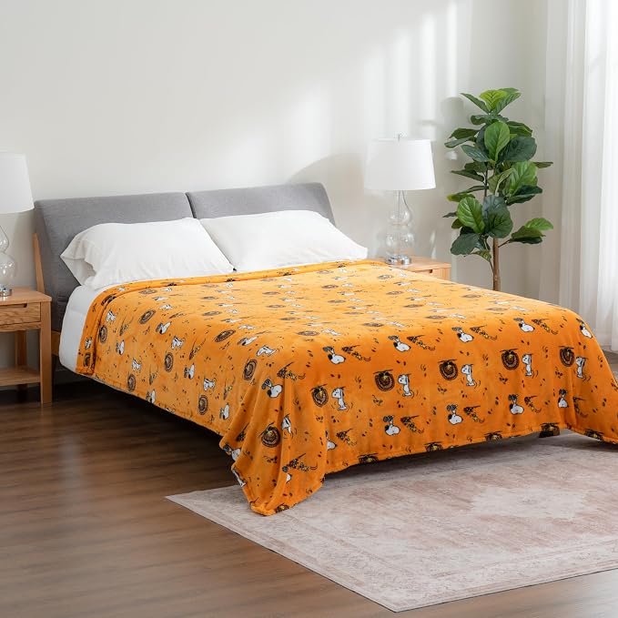 Berkshire Blanket Peanuts® VelvetLoft® Cute Character Snoopy Plush Blanket,Snoopy and Woodstock Fall Birds & Leafs Orange,Twin 60 in x 90 in (Official Peanuts® Product)