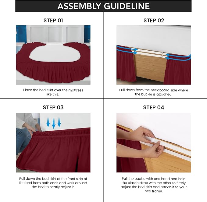 Wrap Around Queen Bed Skirt, Easy Fit Elastic Belt, 16 Inch Drop, Burgundy | No Mattress Lifting, Stay-Put Design, Adjustable Buckle & Elastic Belt, Wrinkle & Fade Resistant, Brushed Microfiber