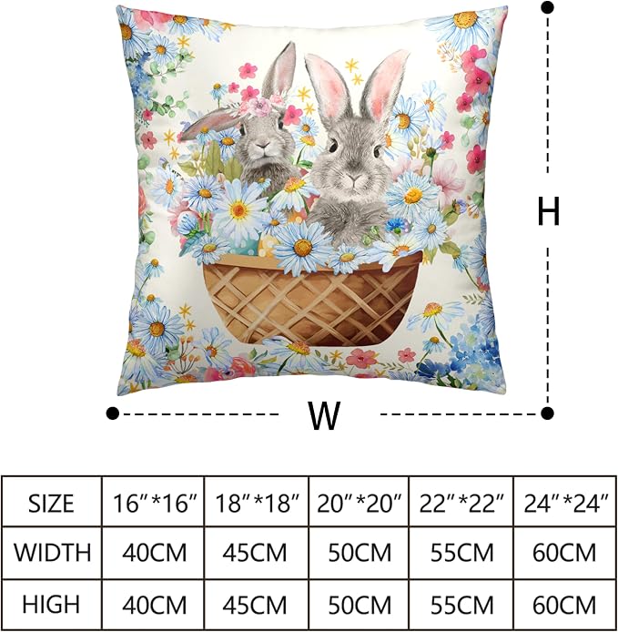 Easter Bunny Pillow Covers 22x22 Spring Rabbit Daisy Floral Throw Pillow Covers A Basket Filled with Lovely Bunny and Flowers Pillowcase Cushion Case for Sofa Patio Garden 2 Pack