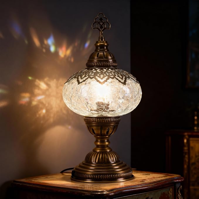 Cracked Clear Moroccan Mosaic Table Lamp – Handmade Turkish Glass, Light Bulb Included, Boho Chic Bedside & Living Room Accent