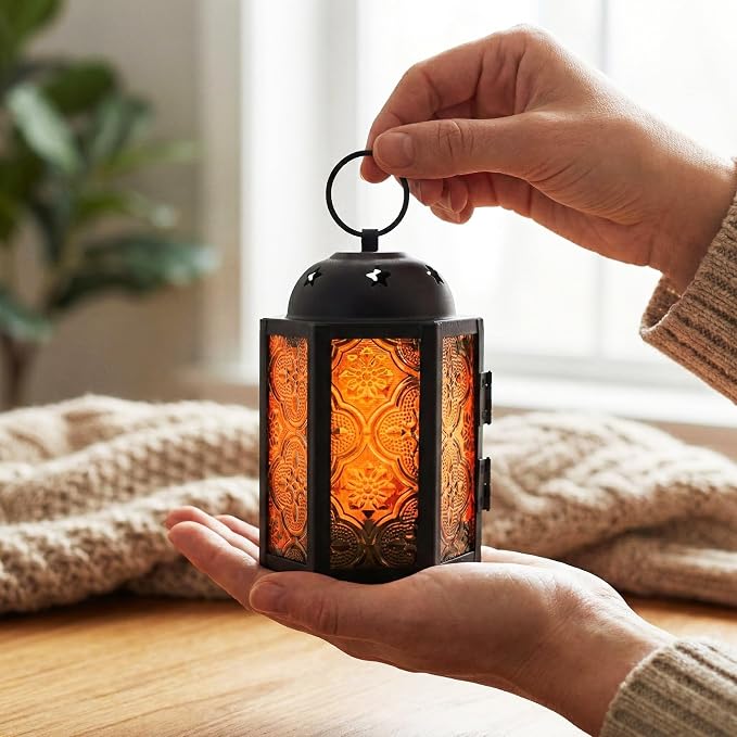 Mini Halloween Tea Light Candle Holder Centerpieces – 4.25" Small Decorative Moroccan Lantern for Table or Hanging, Metal with Glass Panels – Ramadan, Wedding, Home Decor, Amber Orange (Set of 4)