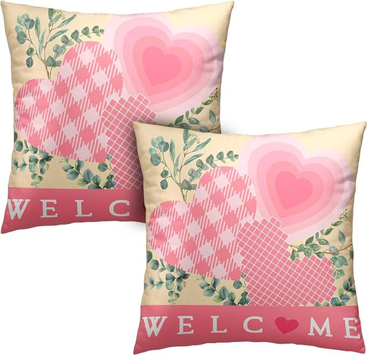 Valentine Day Pillow Covers 22x22 Set of 2 Valentines Day Pink Heart Throw Pillow Covers Pink Hearts with Eucalyptus Decoarative Pillow Case Cushion Case for Couch Sofa