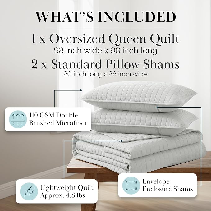 Southshore Fine Living, Inc. Queen Quilt Set, Full Size Bedspread with 2 Matching Pillow Shams, Soft Microfiber Lightweight Quilts, Queen Size Coverlet, Easy Care Quilted Bedding, Light Grey Quilt