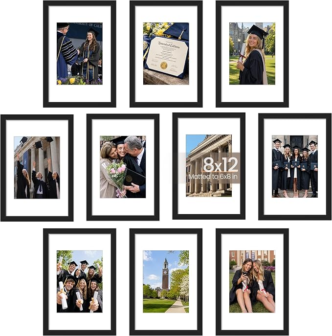 upsimples 8x12 Picture Frame, Photo Collage Wall Decor Set of 10, Black