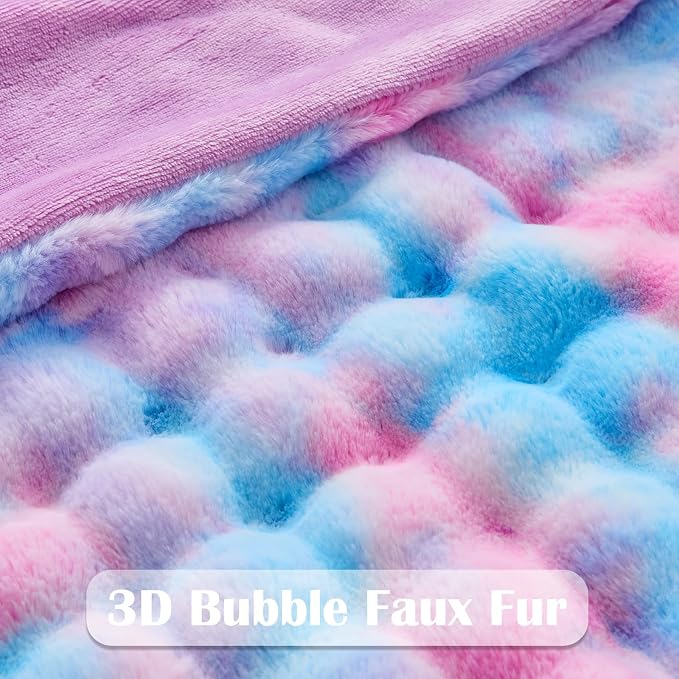 NEWCOSPLAY Faux Fur Bubble Twin Blanket for Couch, Purple Rainbow, 60"x80" | Fluffy Soft Thick Warm Bubble Blanket for Couch Sofa Bed 700GSM, Plush Cozy Luxury Decorative Throw, Gift for Women Men