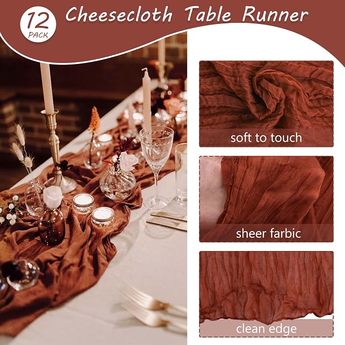 12 Pack Cheesecloth Table Runner 35x72 Inch Boho Gauze Table Runner Rustic Cheese Cloth Long Romantic Table Runners for Wedding Bridal Shower Birthday Party Table Decor (Terracotta)