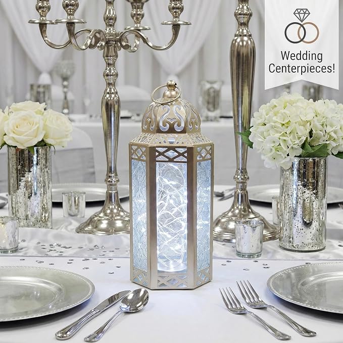 Vela Lanterns Decorative Indoor Fairy Light Candle Holder, White Gold, M | Wedding Table Centerpieces, Ramadan & Eid Mubarak Decorations, Turkish Moroccan Metal Hanging Lamp, Patio, 10.5" Tall