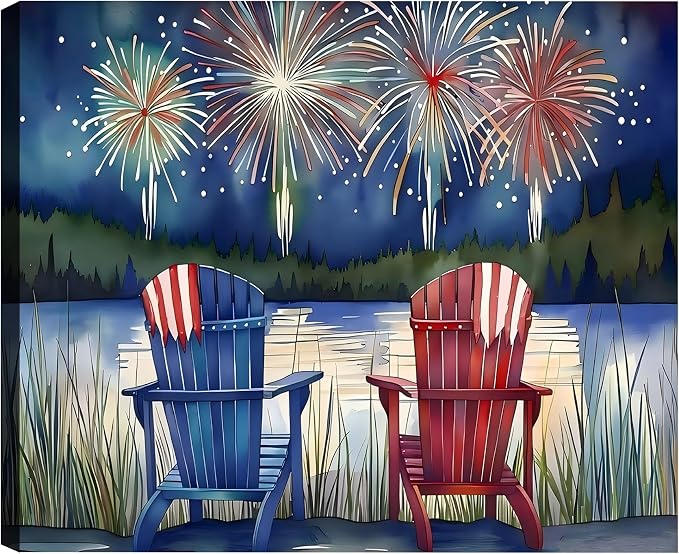 Framed 4th of July Fireworks Adirondack Chair Wall Art, Patriotic Lake Canvas Art Pictures, USA Flag Wall Decor, Made in USA Ready to Hang for Living Room Porch