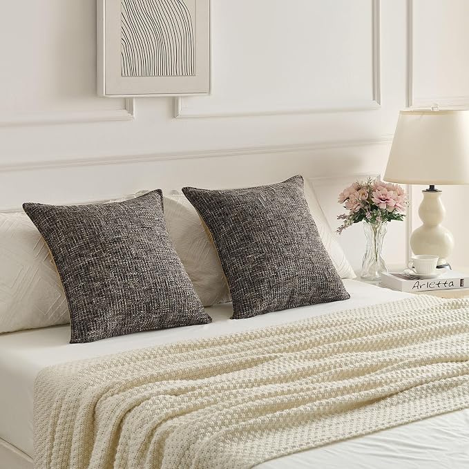 FUTEI Pack of 2 Chenille TweedVintage Throw Pillow Covers 16x16 Inch Soft Decorative Cushion Case Modern Farmhouse Accent for Couch Bed Living Room, Coffee