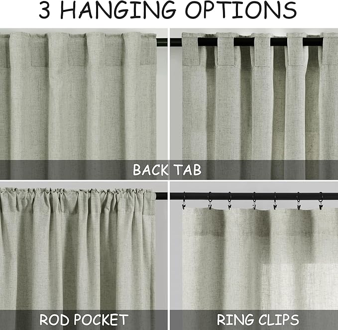 Sage Green Linen Curtains 63 Inches Length 2 Panels Set for Living Room Back Tab Pocket Light Filtering Semi Sheer Drapes Cotton Linen Textured Pale Green Window Curtain 52X63 Inches