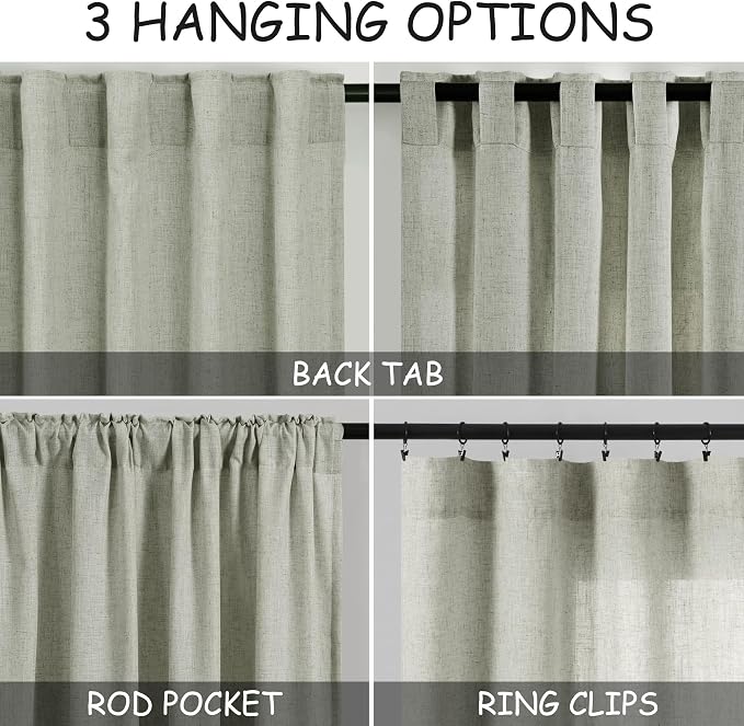 Sage Green Linen Textured 96 Inch Curtains 2 Panel Set Back Tab Rod Pocket Sheer Pleated Boho Room Decor Aesthetic Curtains Pale Green Burlap Look Curtain Drapes for Living Room Bedroom 8Ft 40x96