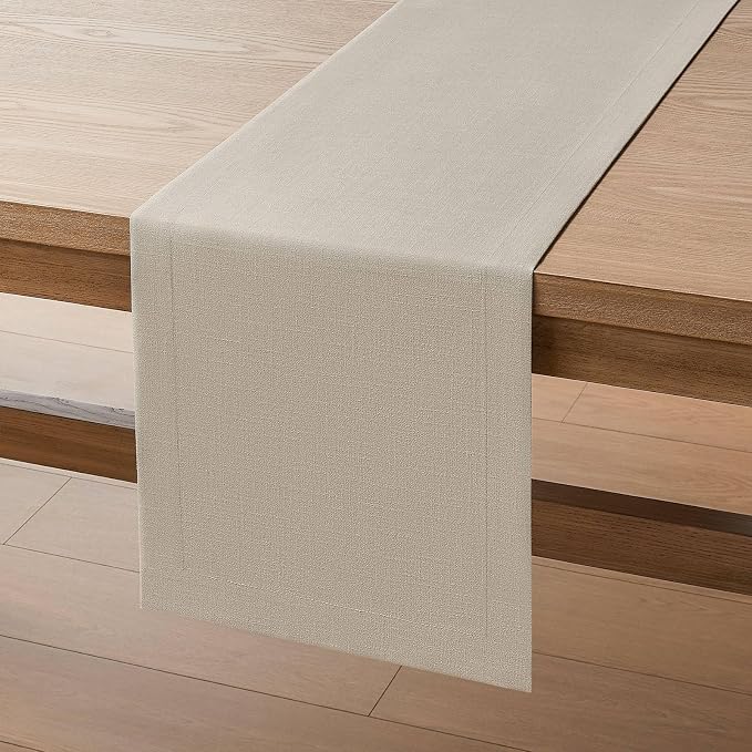 ZeeMart Linen Textured Border Table Runner, 14 x 36 Inch Natural | Mitered Corner Design, Medium Weight Fabric, Modern Farmhouse Style, Machine Washable Easy Care Everyday Table Scarf