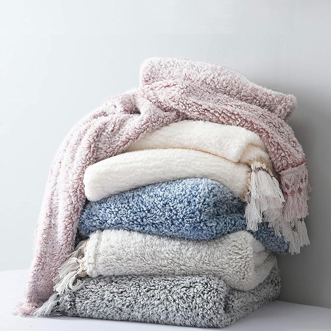 Ultra Soft Fleece Sherpa Blanket King Size,Lightweight Cozy Boho Bed Blanket with Decorative Tassel, Pattern Reversible, Antique White,104”x90”