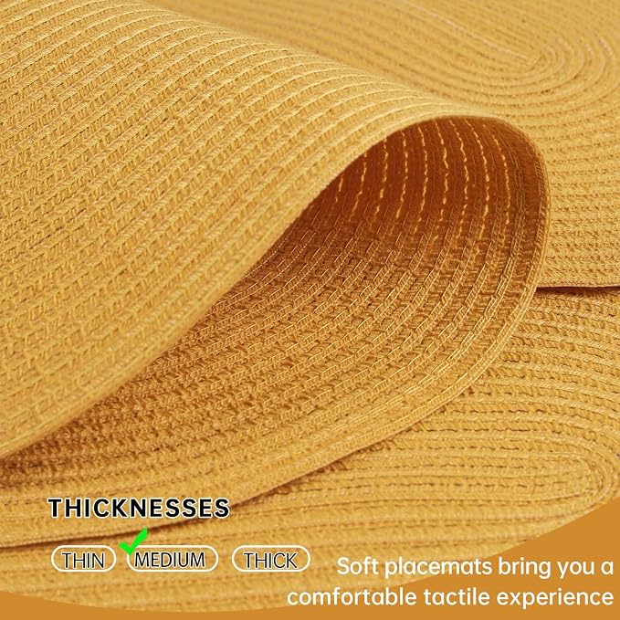 Placemats Set of 4, Woven Oval Braided Dining Table Mats(Mustard Yellow) | 12 x 17.5 Inch Size Fits Plates and Flatware; Hand Washable and Heat Resistant for Kitchen Use, with Farmhouse and Boho Style