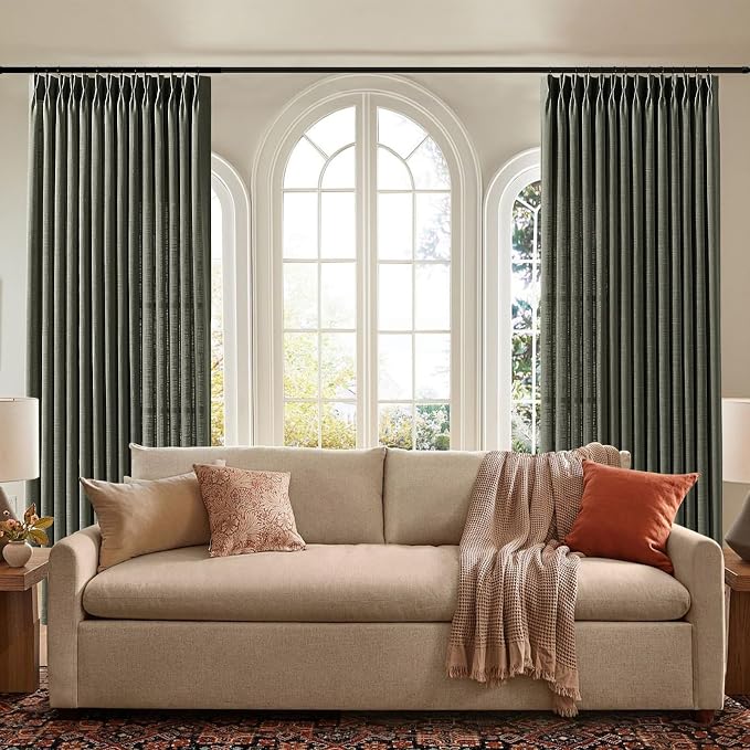 96 Inch Linen Pinch Pleated Sheer Light Filtering Curtains for Living Room | Semi Sheer, Farmhouse, Semi Sheer, Pinch Pleat, Linen Blend, Hook Ring, Memory Shape, W40xL96, 2 Panels, Charcoal Grey