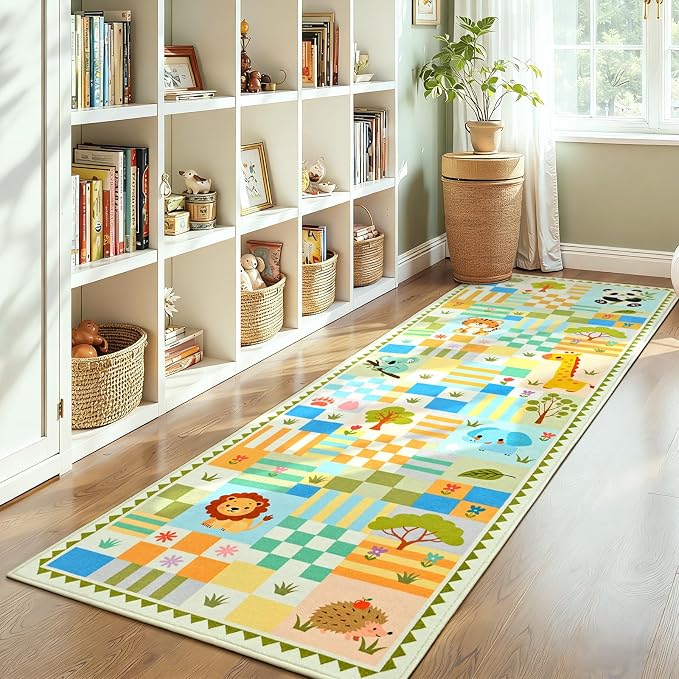 Soft Green Runner Rug for Girls Bedroom, Washable Non-Slip Hallway Carpet with Cute Animals & Colorful Checkered Design, Low Pile Floor Mat