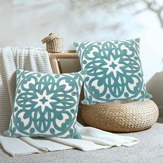 Alysheer Embroidered Decorative Throw Pillow Covers 18"x18" Set of 2 Pieces, Boho Mandala Classic Chic Pattern, Durable 100% Cotton Canvas Cushion Cases for Sofa Couch Living Room(Dusty Aqua Blue)