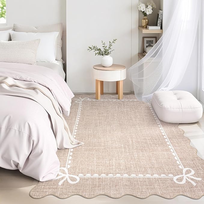 COZYLOOM 9x12 Dining Room Rugs for Under Table, Machine Washable Area Rugs for Bedroom, Non Slip Non Shedding Scalloped Border Rug Stain Resistant Low Pile Bow Carpet for Living Room, Nursery, Camel