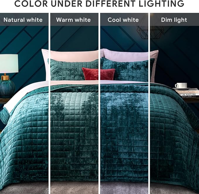 RECYCO Channel Box Stitch Velvet Quilt Set, King Size, Teal | Ultra Soft Lightweight Velvet Comforter, Luxury Oversized Bedspread Coverlet, Quilted Bedding Set for All Season with 2 Shams