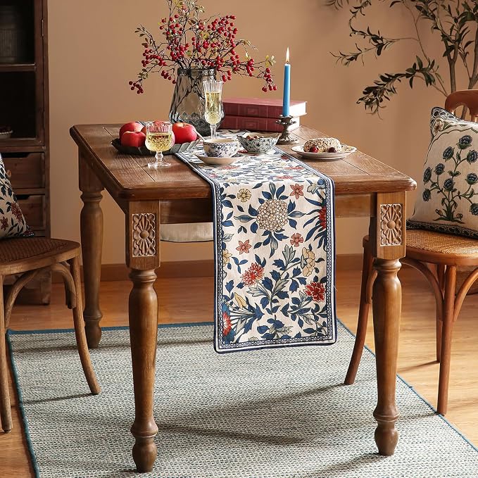 Patdrea Designer Vintage French Linen Table Runner,12"X87"-Ivar A | Elegant Tablerunner 87 Inches Long,Blue and White Floral Pattern,Decor Runner for Dining Room Living Room Banquet