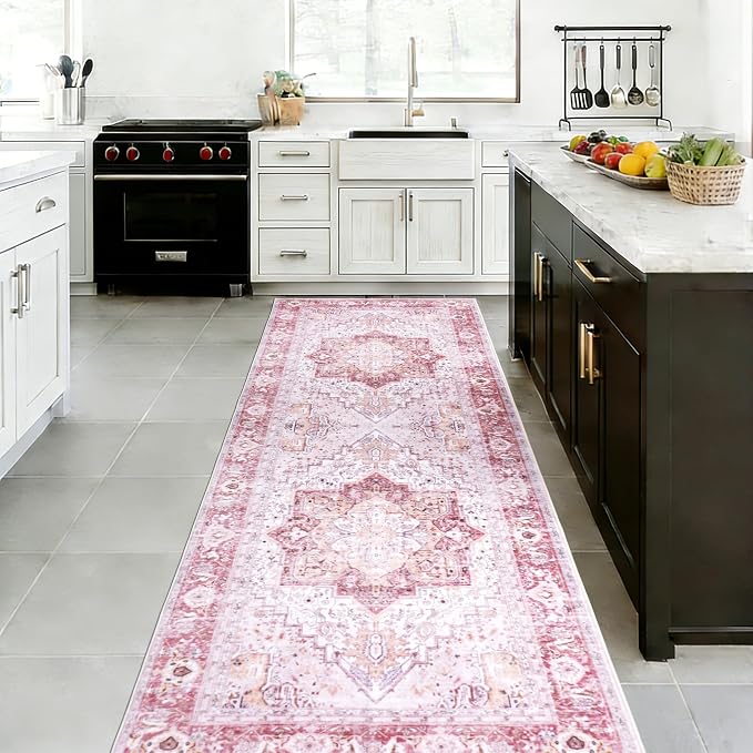 Pink Runner Rug 2x6, Washable Runners for Hallways Non Slip | Soft faux wool, machine washable & stain resistant. Non-slip rubber backing, low pile. For hallway, kitchen, bedroom.