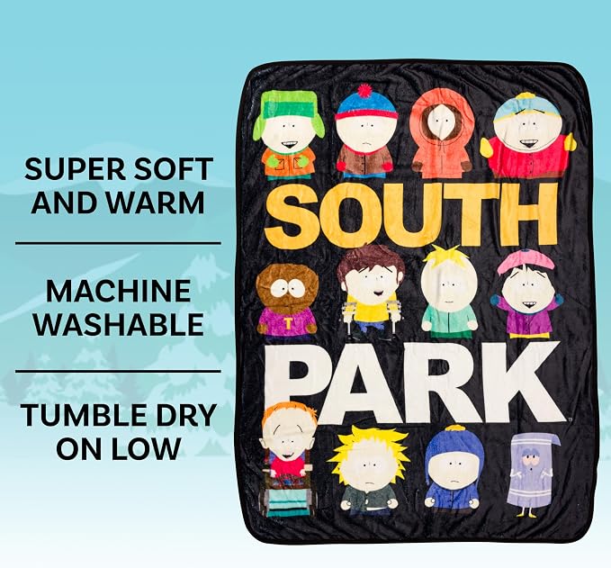 Silver Buffalo South Park Group, Fleece Throw Blanket, 45x60in | Kenny, Kyle, Stan, Eric Cartman, Tolkien, Jimmy, Butters, Wendy, Timmy, Tweek Tweak, Craig, Towelie, Soft and Cozy, 180 GSM