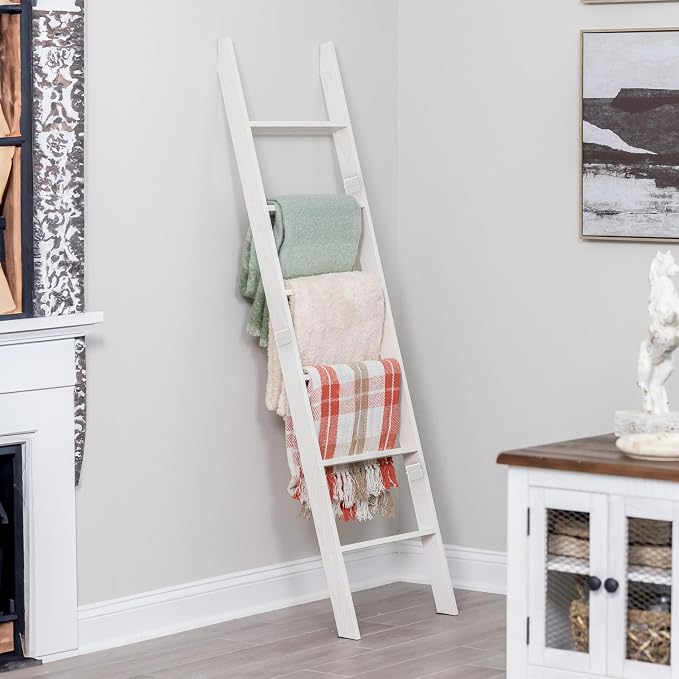 Blanket Ladder for the Living Room and Bedroom, Quilt Rack, 6-Tier, White | 5ft 8 inch, Wall Leaning Blanket Holder, Laminate Snag Free, Rustic Decorative Farmhouse Ladder Shelf for Blankets