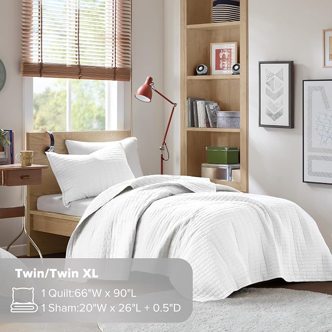 Comfort Spaces Kienna Twin Quilt Bedding Set 2 Piece, 66"x 90" White | Soft Cozy Lightweight Summer Twin XL Coverlet for College Dorm, Quilted Extra Layer, Modern Casual Bedroom Decor, OEKO-TEX