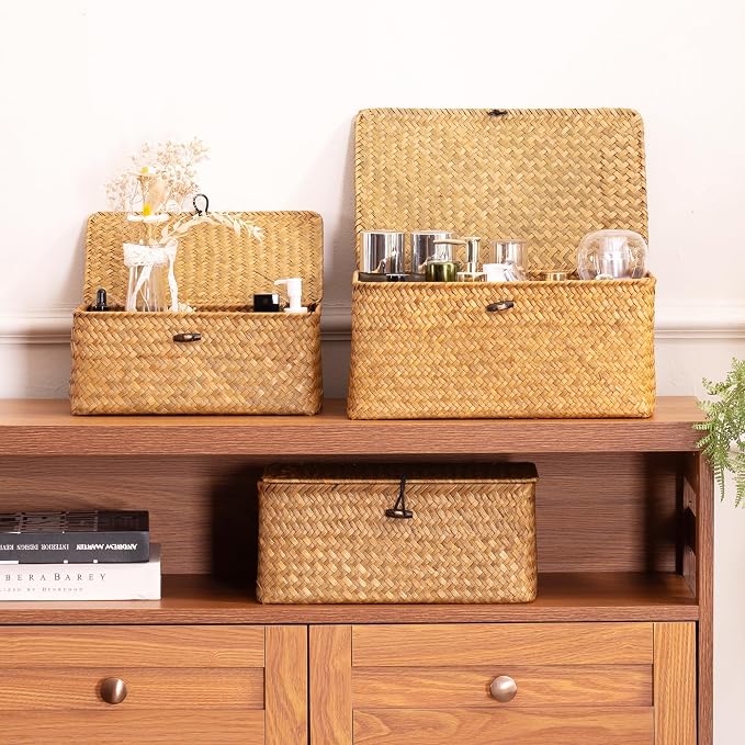 Nonam Wicker Storage Basket with Lid,Seagrass Shelf Basket Set of 2,Natural | Wicker Basket Container for Organizing, Boho Decorative Basket, Rectangular Household Storage Boxes for Home Organization