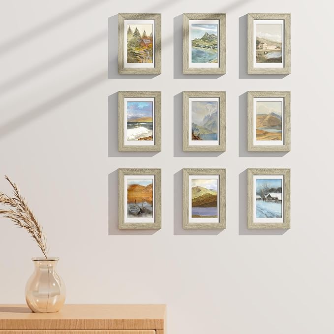 Vittanly 4x6 Picture Frames Set of 9 for Wall Mount or Tabletop, Driftwood | Display Pictures 3.5x5 with Mat or 4x6 without Mat, Small Photo Frames, Engineered Wood with Shatter Resistant Plexiglass