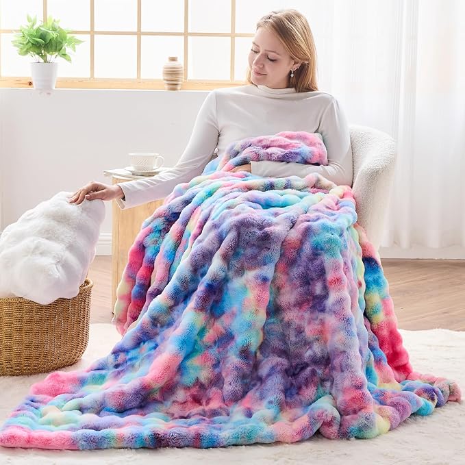NEWCOSPLAY Faux Fur Bubble Throw Blanket for Couch, Dark Rainbow, 50"x60" | Fluffy Soft Thick Warm Bubble Blanket for Couch Sofa Bed 700GSM, Plush Cozy Luxury Decorative Throw, Gift for Women Men